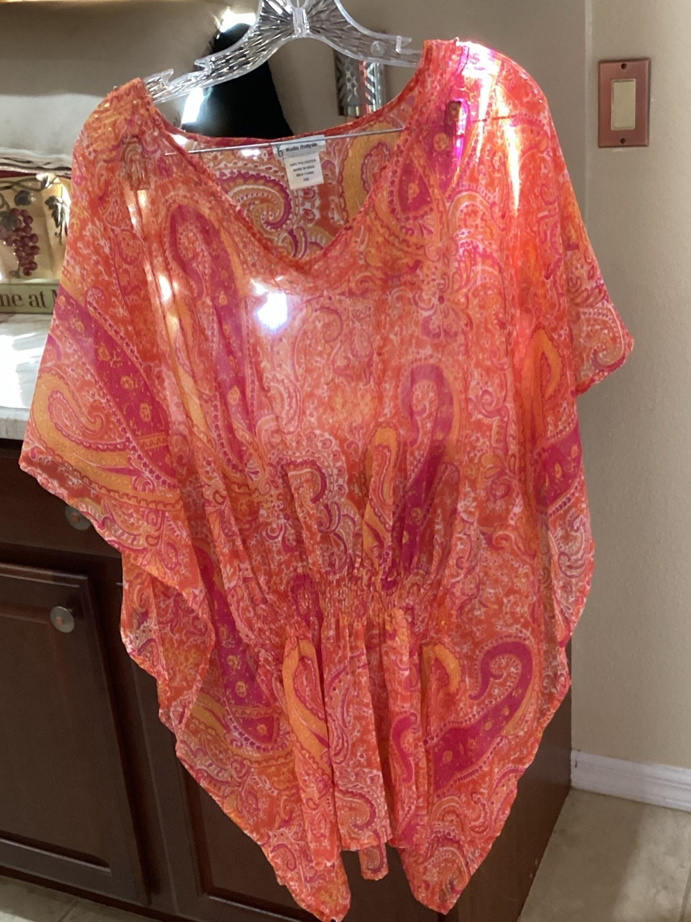 Sheer Paisley Swim Coverup Tunic in Orange & Pink